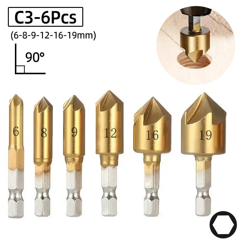 HSS Titanium Countersink Drill Bit Set Chamfer 1/4"Hex Taper Hole Cutter Wood Metal Countersunk Bit Deburring Chamfering Tool