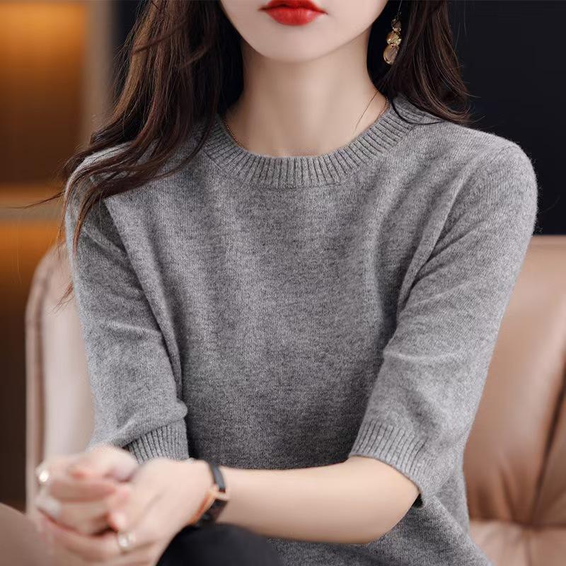 Loose Women's Round Neck Short Sleeve Knitted Sweater T-Shirt Base Layer Spring Autumn Short Top