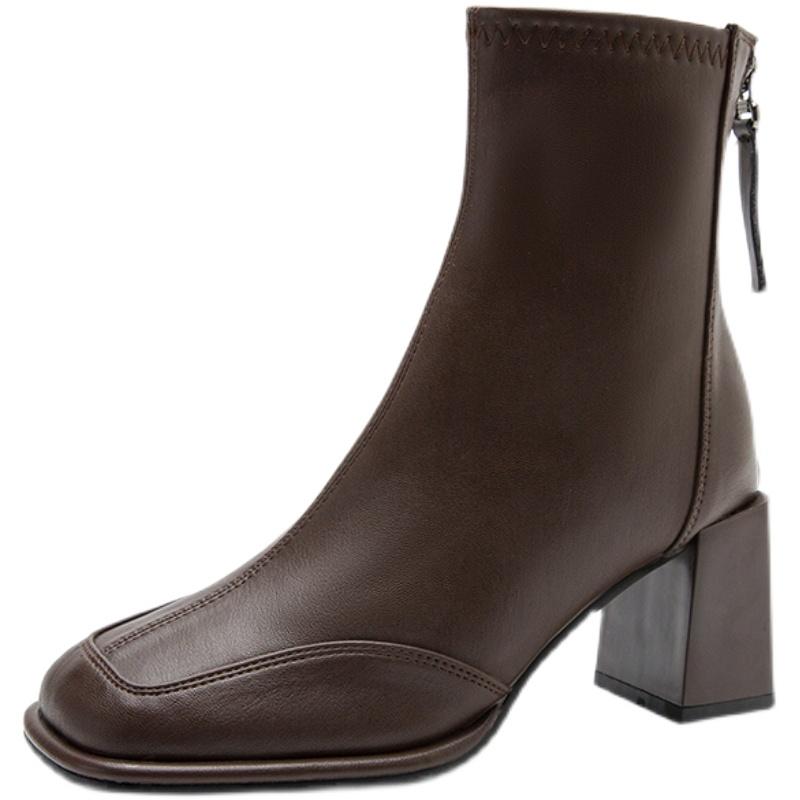 Móda Vintage Silný Podpatek Dámské Kotníkové Boty Zadní Zipy Podzimní Zimní Boty Dámské Elegantní Čtvercová Špička Krátké Kotníkové Boty