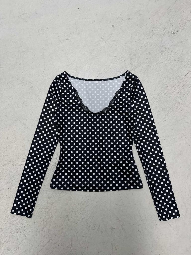 Casual polka dot lace splicing slim-fitting slim top women's versatile pure desire style long-sleeved T-shirt