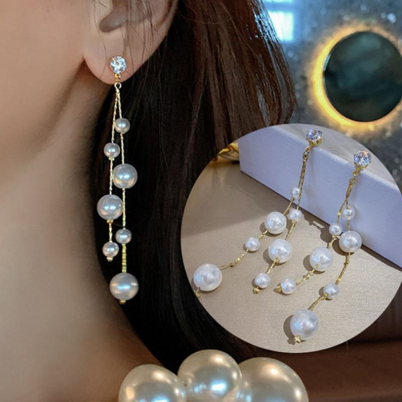 Cercei Dama Women's Asymmetric Multi-Bead Crystal Long Earrings Fashion Pearl Theme Gold Elegant Double Model EFAYN