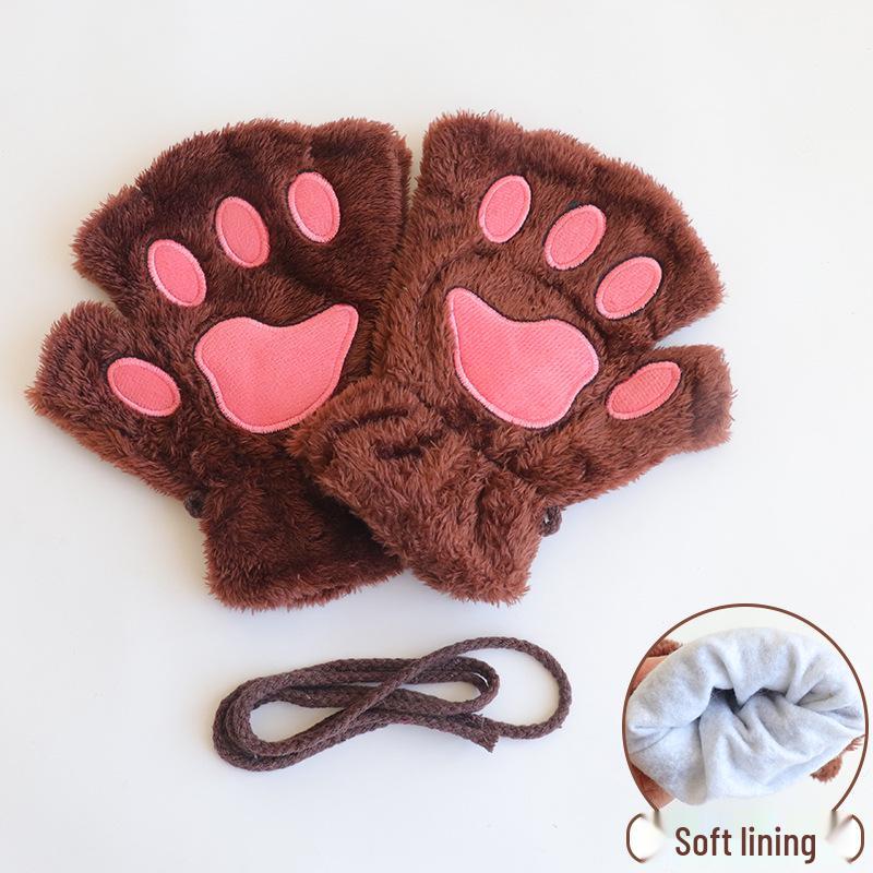 

Women s Winter Cat Paw Fingerless Gloves - Warm, Fleece-Lined, Touchscreen Compatible, Korean Style, Versatile, Thickened for Cold Protection One Size коричневый