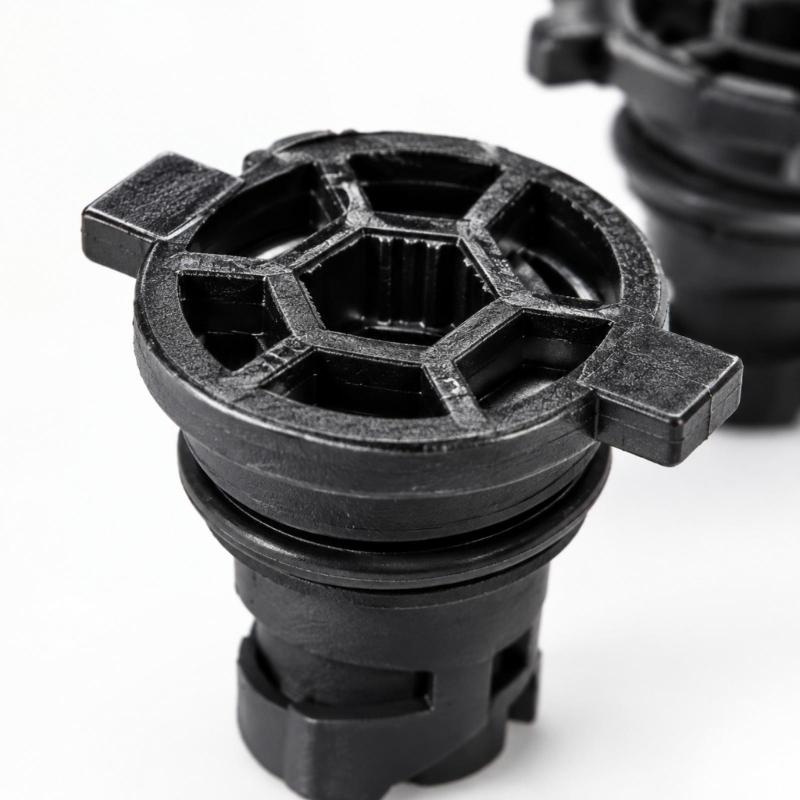 111116RC2B Black Automotive Oil Drain Closure with Two Opposing Grips, Recessed Center Drive, and Round Engineering Plastic Body