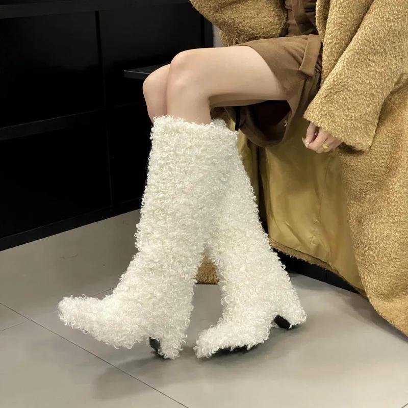 Fashion New Winter Rolled Plush Square Toe Thick Heel Knee High Boots European American Fashion Short Plush Warm High-heel Cotton Boots