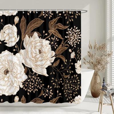 Black Gold Boho Botanical Floral Shower Curtain Vintage Floral Rose Aesthetic Unique Chic Polyester Bath Curtains Bathroom Decor
