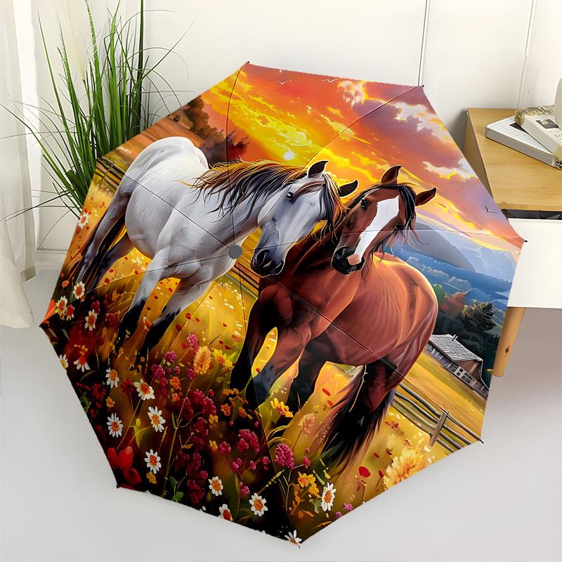 

Horses,Sunset Automatic Folding umbrella Compact 8 rib Design,Unique Style,Suitable for Everyday Outdoor Use,Perfect Gift for Friends