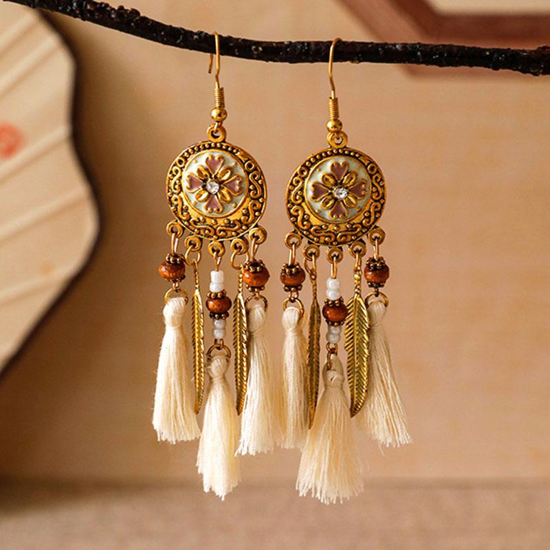 Bohemian Leaf Tassel Earrings for Women Vintage Round Wood Bead Antique Gold Color Alloy Earrings Vacation Party Wedding Jewelry