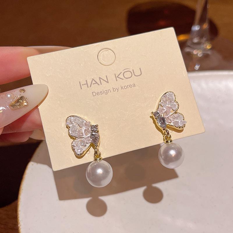 Korean Crystal Butterfly & Pearl Earrings - Elegant, High-End Fashion Accessory for Women