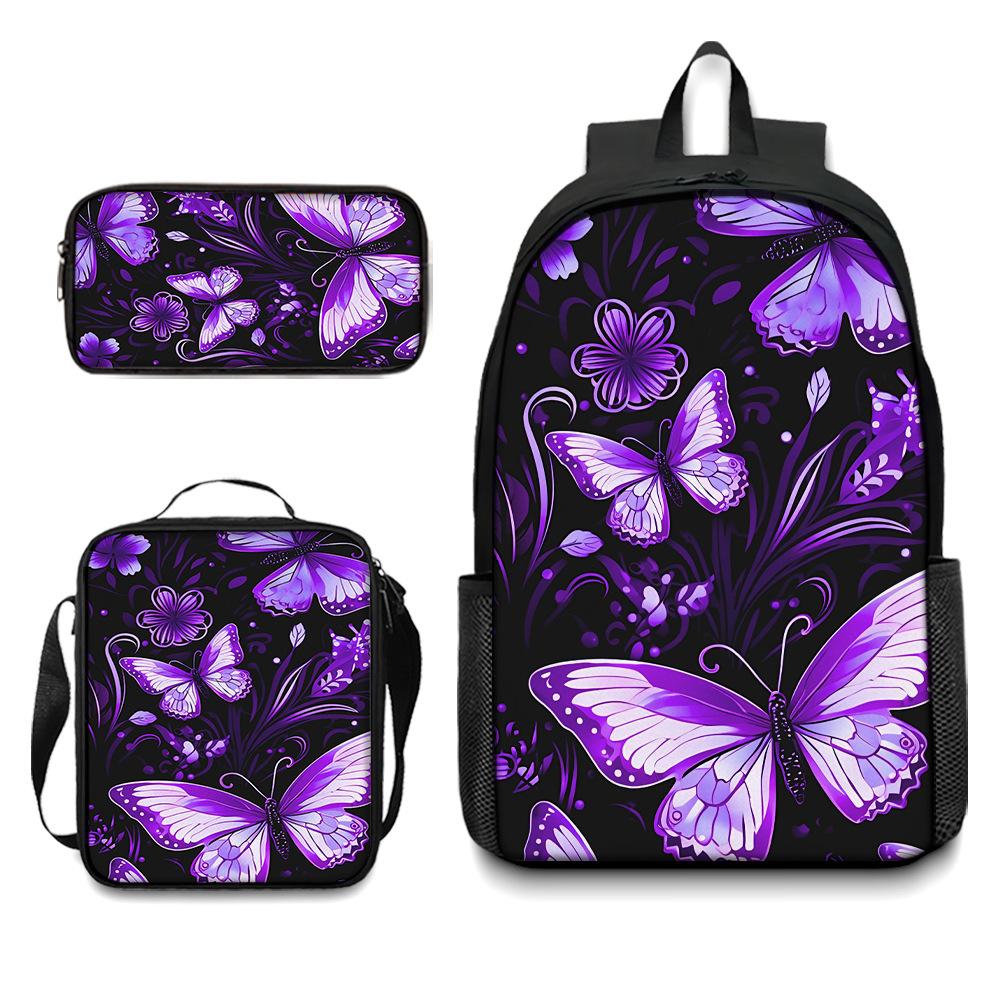 

Фиолетовый рюкзак с бабочкой, детский рюкзак-тройка для начальной школы, сумка для еды, пенал, модный и универсальный, портативный и милый. Pencil case