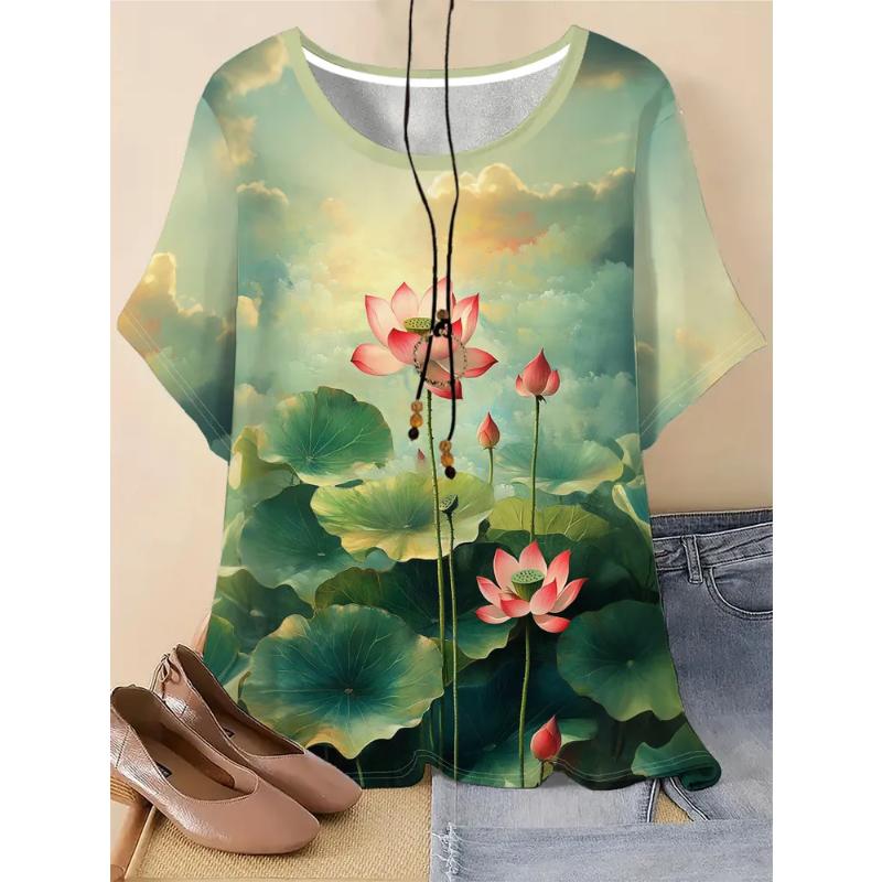 Moda Donna Girocollo Manica Corta Stampa Colore 3D Casual T-shirt Casual a Manica Corta Girocollo