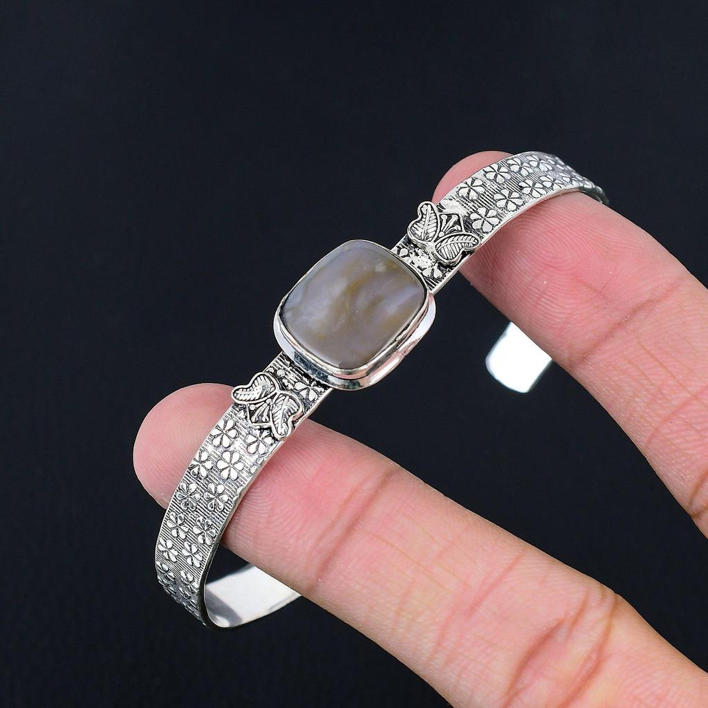 Natural Tube Agate Gemstone 925 Sterling Silver Bangle Adjustable For Girls