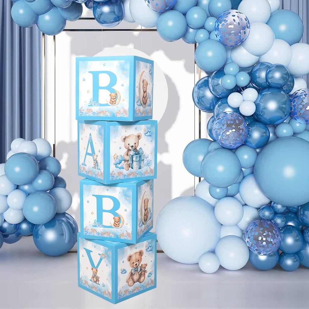 4pcs Blue Baby Shower Box Baby Balloon Box 1st Birthday Party Decor Kids Teddy Bear Baby Shower Boy Girl Gender Reveal Decor