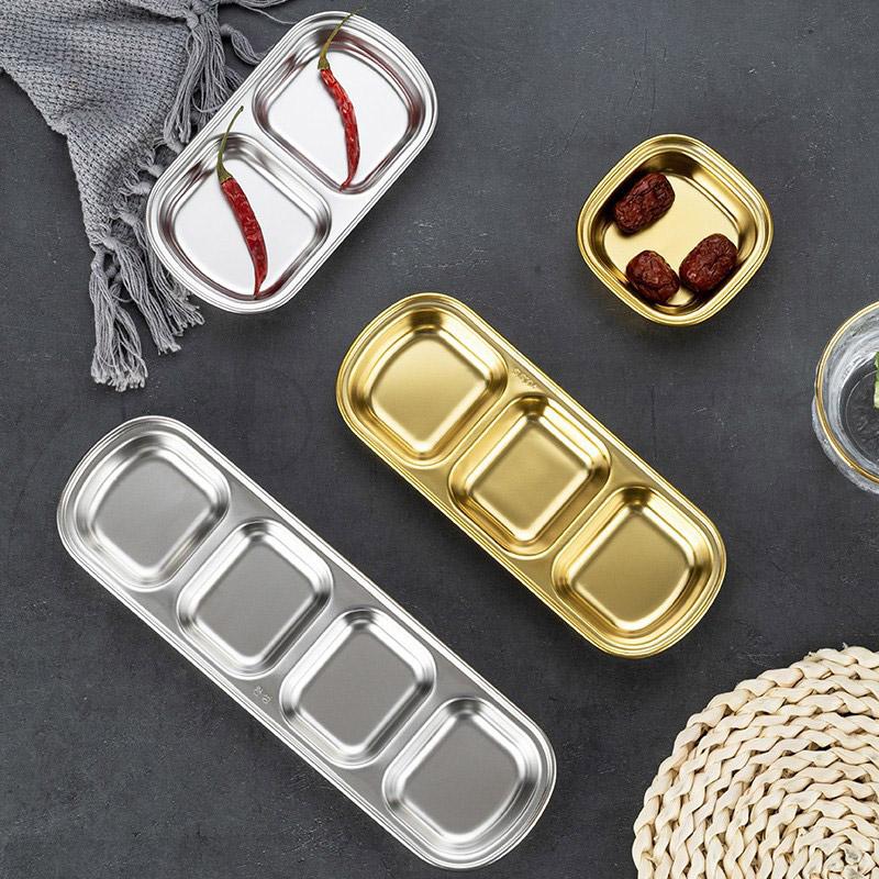 1PC Vinegar Plate Multi-grid Barbecue Seasoning Dish Dipping Dish Stainless Steel 1/2/3/4 Grids