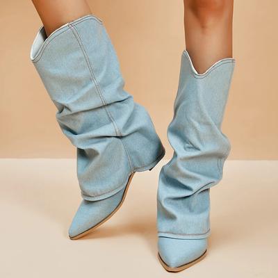 Fashion Pleated Block Heels Denim Boots for Women 2025 Autumn Pointed Toe Women High Knee Boots Plus Size Fashion Cowboy Woman Boots
