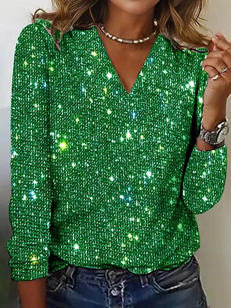 Haut tendance et élégant à col en V et manches longues avec paillettes