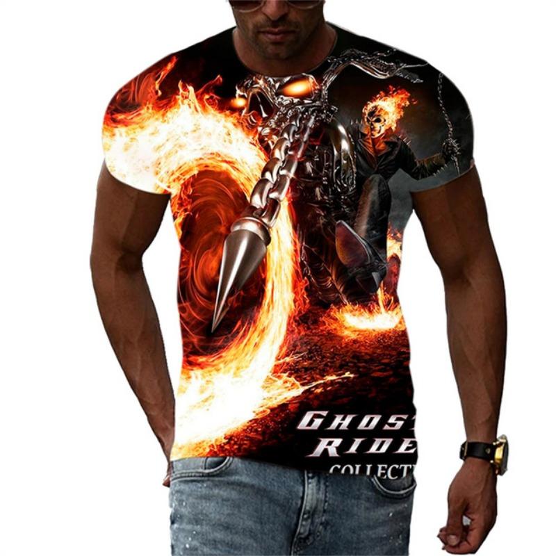 Summer Men's Fashion Trend New T-shirt 3D Flame Skull Digital Print Hip Hop Loose Street Clothing Casual Daily Round Neck Top