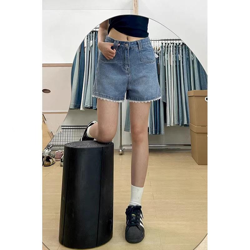 Damen Übergröße Hohe Taille Spitze Besatz Jeansshorts - Schlankmachende A-Linie Weiter Bein Sommer Heißhosen