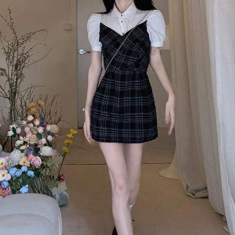 Dress women's summer new Korean version niche design sense advanced sense slim and thin fake two-piece skirt tide