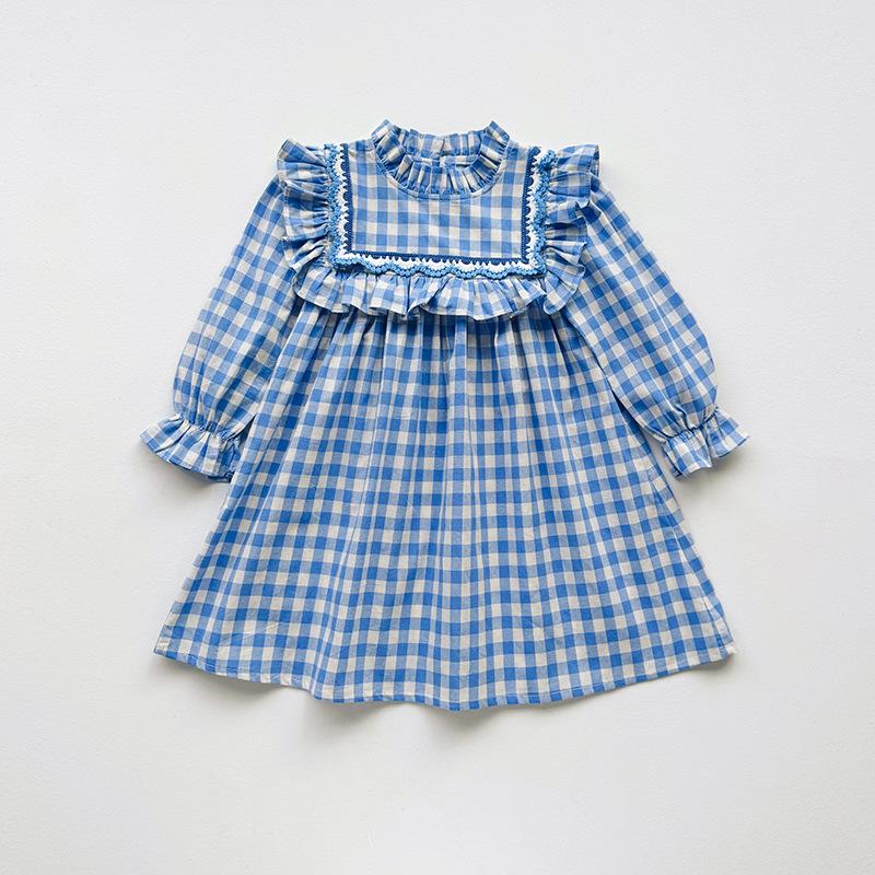 Girls Spring Plaid Dress Lotus Leaf Collar Contrast Lace Stand Collar Long Sleeve Princess Dress For Kids 140cm