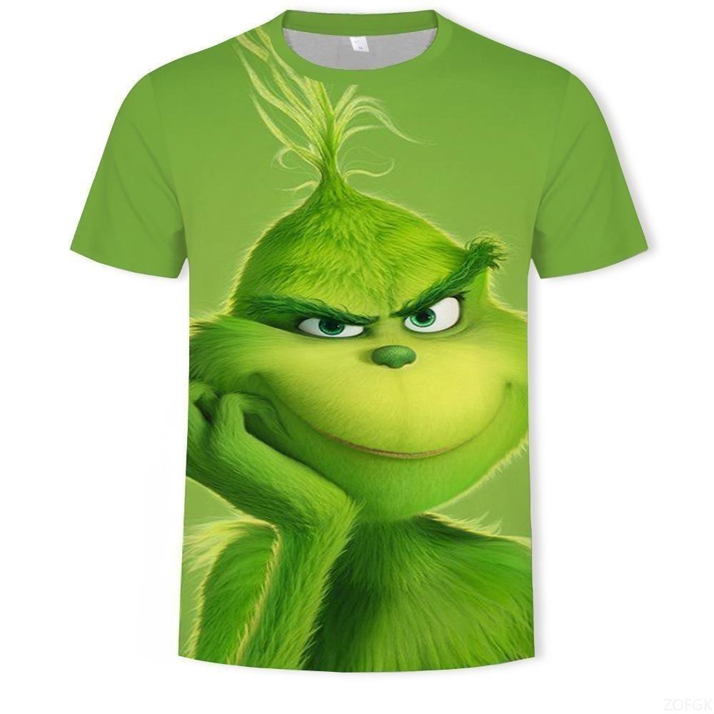 Nowy Świąteczny Kreskówkowy Zielony Futrzany Potwór Drukowany 3D Męski T-shirt z Krótkim Rękawem Świąteczny Grinch