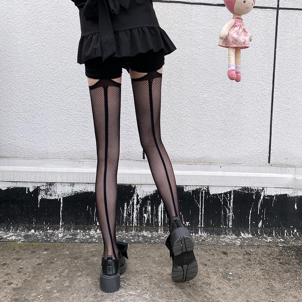 JK Lolita garter stockings, trendy black stockings, summer thin Japanese retro over-the-knee long ripped stockings for women