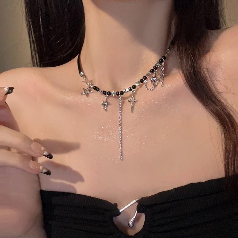 Punk Star Pentagram Necklace for Women Fashion Inlaid Rhinestone Tassels Choker Black Rope Necklace Y2K Style Accessories Gifts