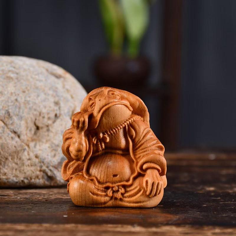 Solid Wood Carving Fortune Telling Golden Toad Sculptures and Figurines Cute Home Room Office Wealth Luck Feng Shui Decor