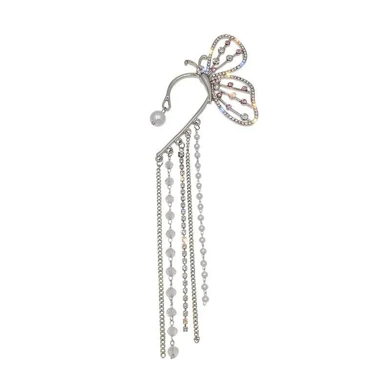 Retro Crystal Butterfly Pearl Earrings with Fashionable Long Tassels Sexy Hollow Out Women's Elegant Earring Sweet Girls Jewelry