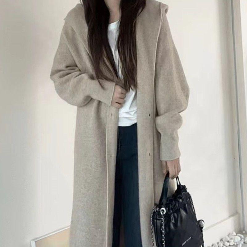 Cozy Hooded Long Knit Cardigan - Thick, Loose Mid-Length Sweater for Autumn/Winter