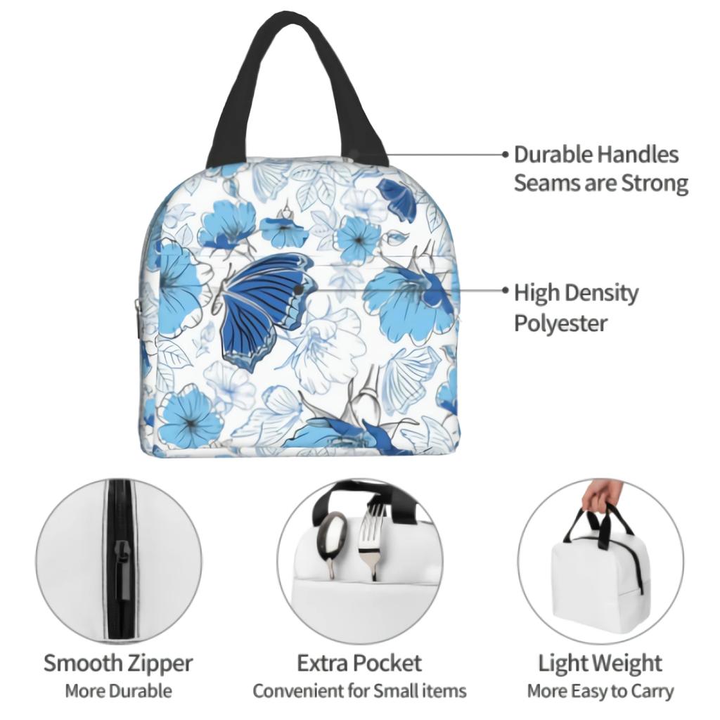 Blue Flowers And Butterflies Kids Lunch box Insulated Soft Bag Cooler Back to School Thermal Meal Tote Kit for Girls Boys