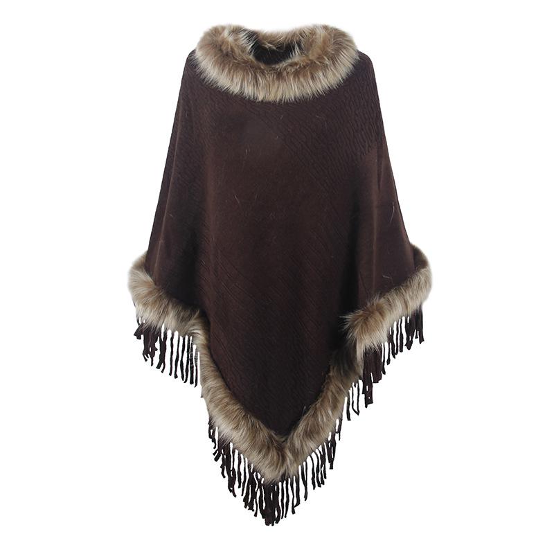 Mao Mao Yu Women's Solid Color Tassel Cape: 2026 Autumn/Winter European & American Loose Knit Pullover Shawl