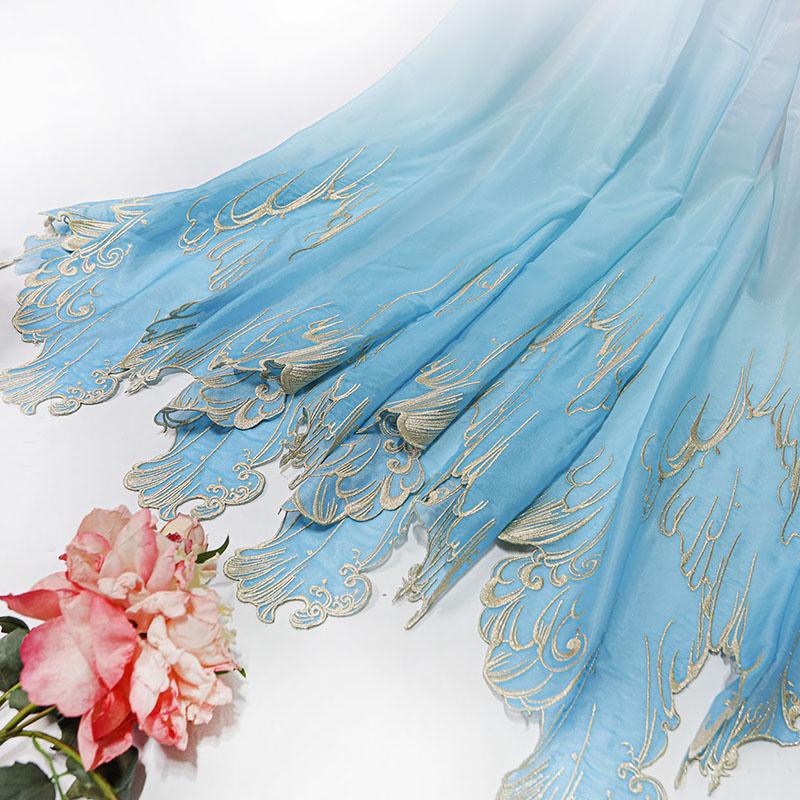 1M Chinese Classical Gradient Embroidery Fabric Chic Lotus Leaf Edge Designer Fabric For DIY Hanfu Dress Dance Costume