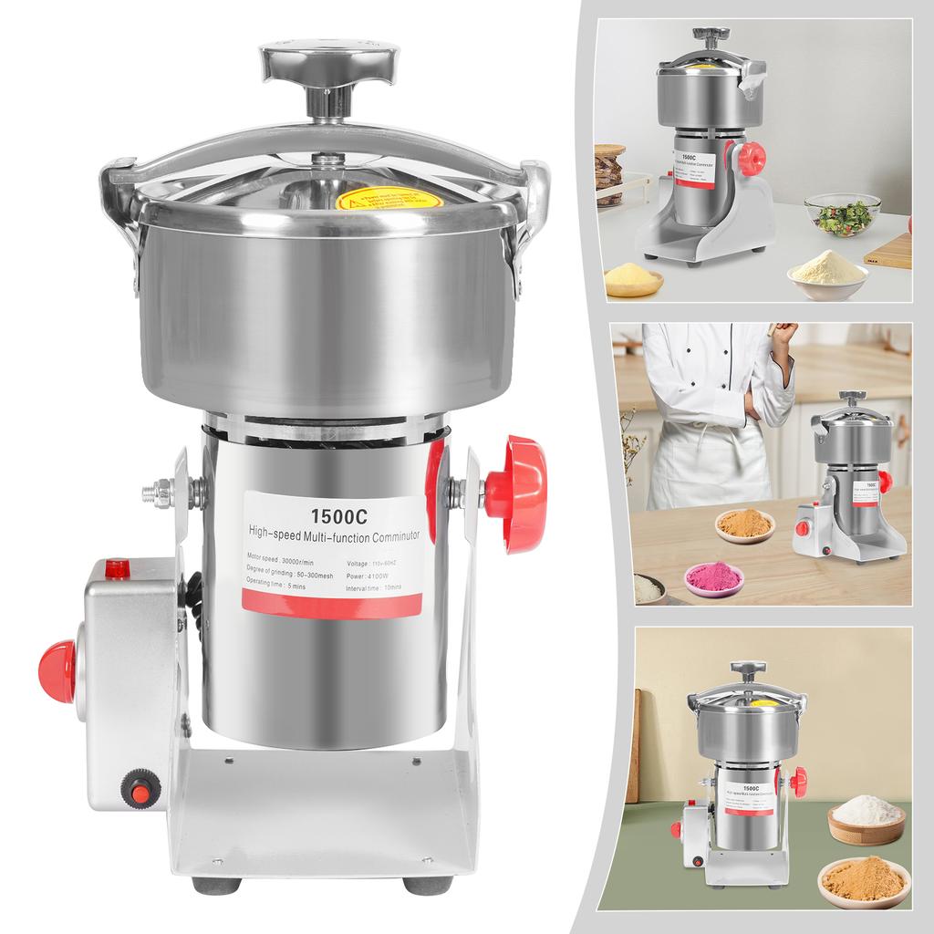 1500g/1000g Electric Grain Mill Grinder,110V Silver 304 Stainless Steel Commercial Grinders Countertop for Homes,Pharmacies