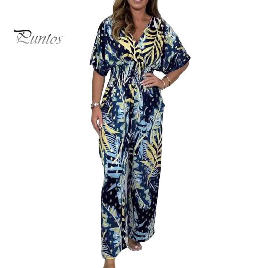 

Женский комбинезон с цветочным принтом и v-образным вырезом, эластичный комбинезон с высокой талией и широкими штанинами, повседневный цельный наряд для летнего пляжного путешествия, повседневная одежда XL синий