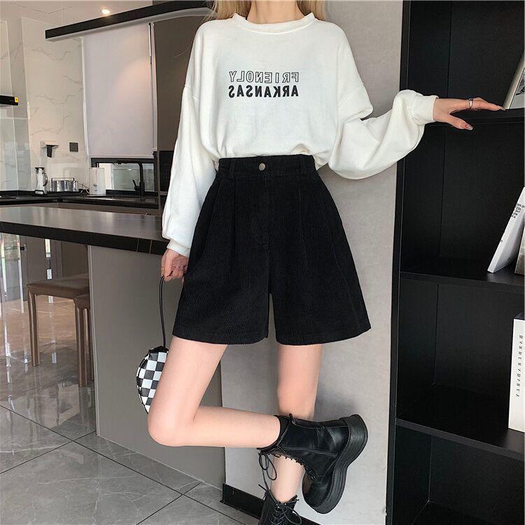 Women's High-Waisted A-Line Corduroy Shorts with Long Boots - Slimming Outerwear for Autumn/Winter, Petite Fit