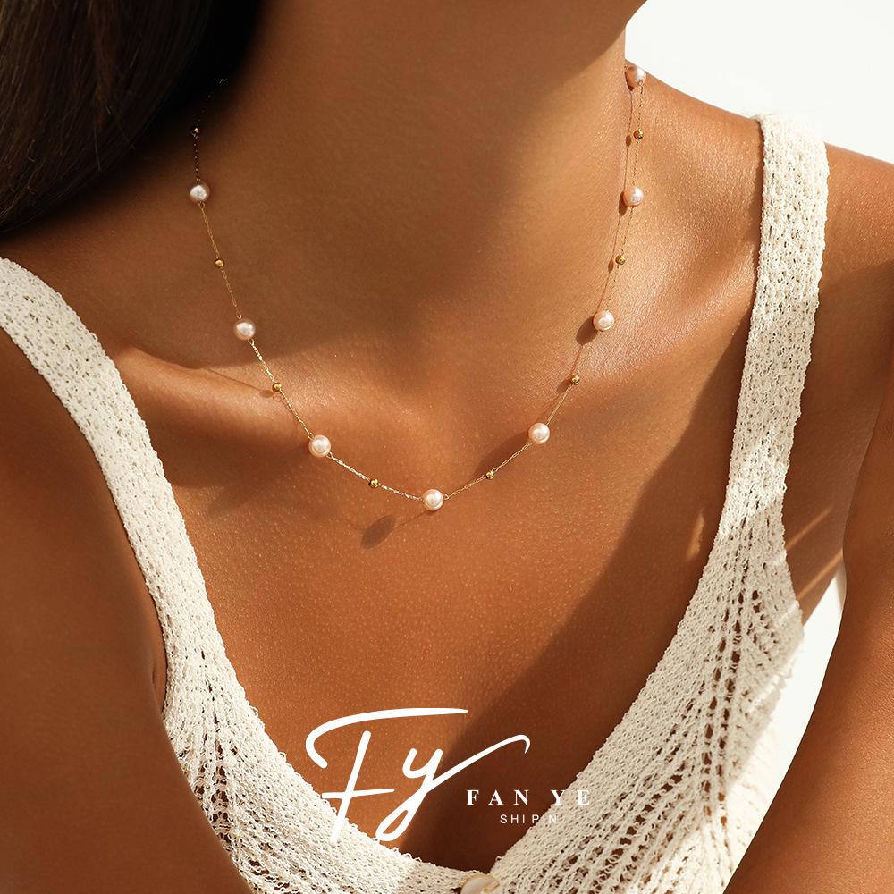 Light Pink Pearl Stainless Steel Necklace – European & American Style Women's Luxury Korean-Inspired High-End Jewelry