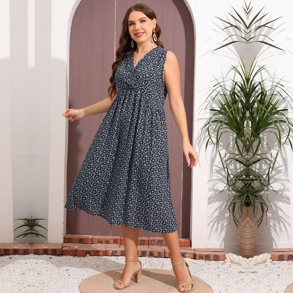 Plus Size Women's Floral V-Neck Loose Sleeveless Large Swing Simple Print Dress Blue XL-5XL