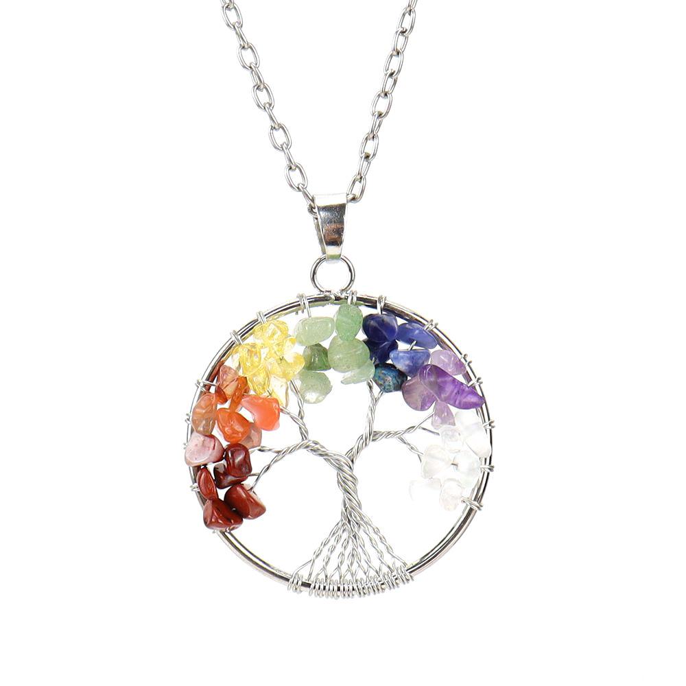 

Silver Hand-Wound Colorful Crystal Gravel Tree Root Tree Of Life Pendant Necklace N112
