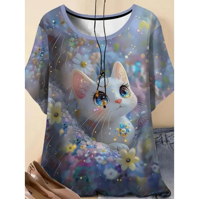 Fashion Women's Crew Neck Short Sleeve 3D Animal Color Printing Animal Short Sleeve Crew Neck T Sleeve