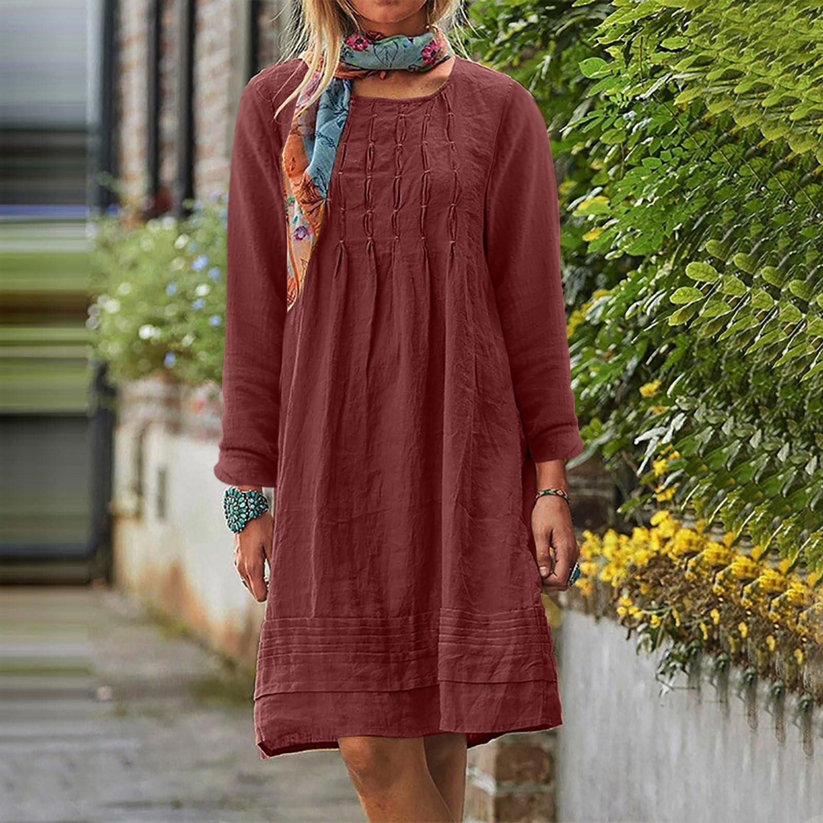

Женское платье с круглым вырезом, однотонное, свободного кроя, повседневное, из хлопка и льна XL винный