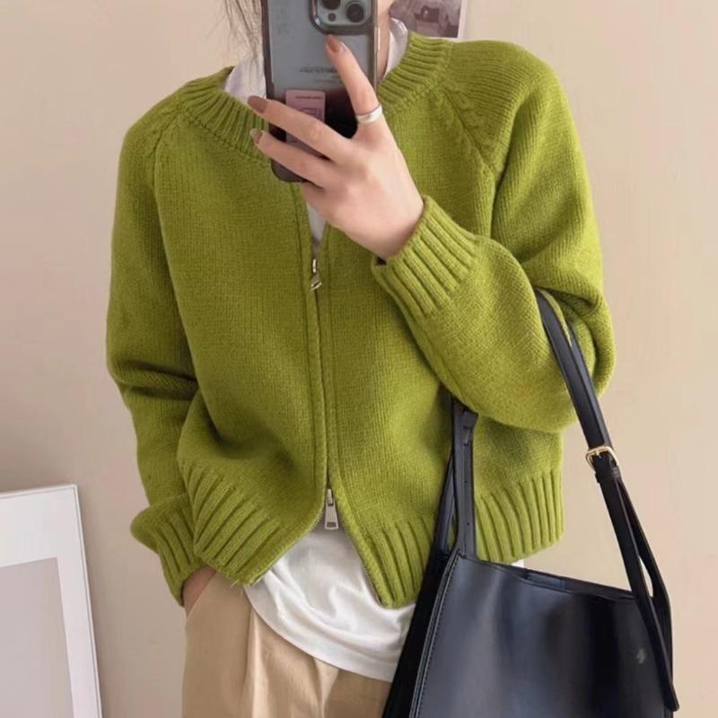 Autumn and Winter New Simple Casual Versatile Knitted Cardigan Top Women's Double Zipper Short Sweater Jacket