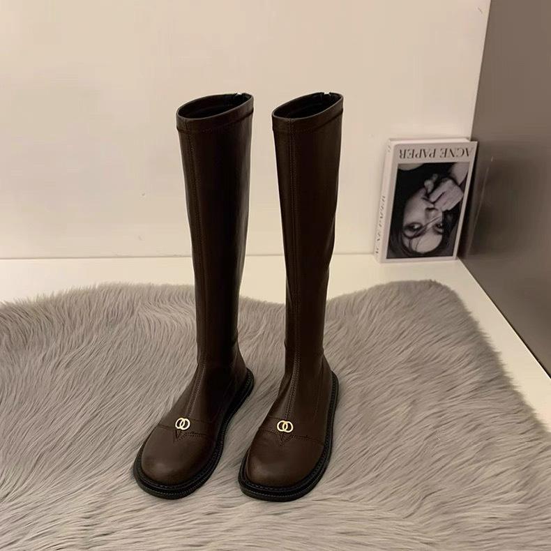 Flat-bottomed boots Women s autumn and winter zipper Xiaoxiangfeng knight boots but knee-long boots Skinny boots 40 коричневый