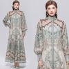 Women's Floral Pattern Printed Stand Collar Lantern Sleeve Holiday Dress Summer Autumn New Fashion Vintage Chiffon Long Maxi Dress