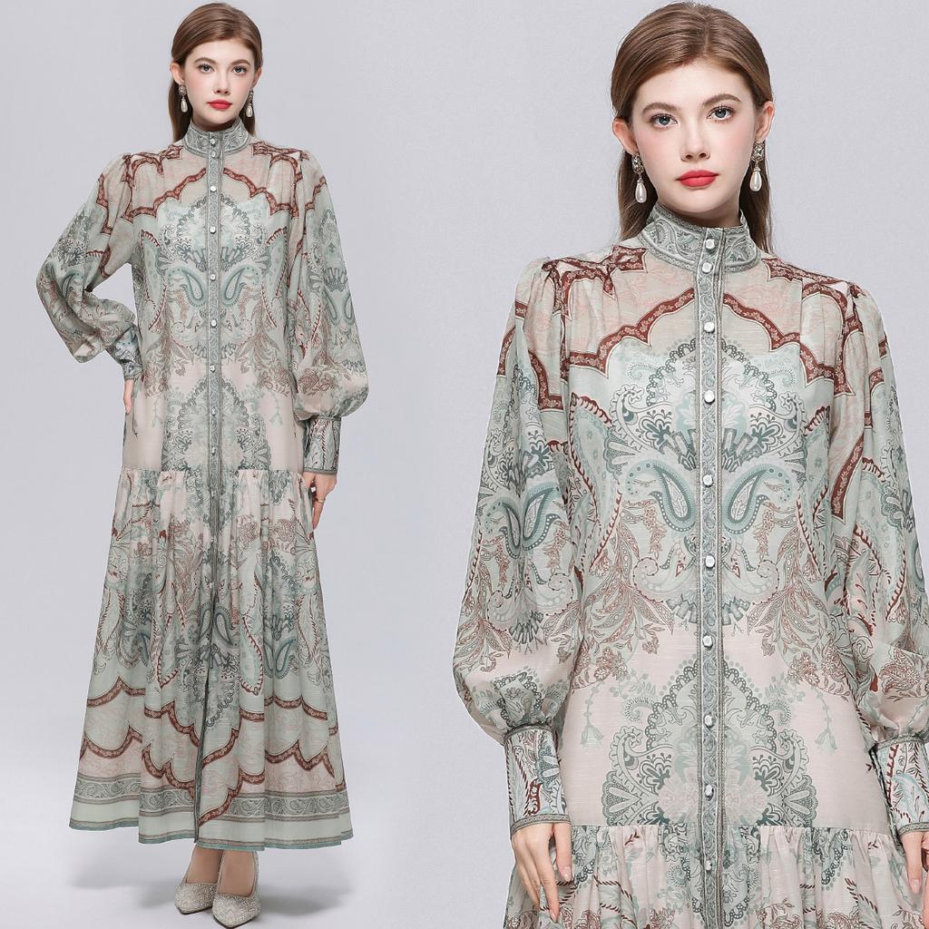 Women's Floral Pattern Printed Stand Collar Lantern Sleeve Holiday Dress Summer Autumn New Fashion Vintage Chiffon Long Maxi Dress