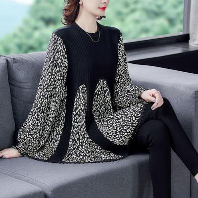 Women's Plus Size Blouse Spring Loose Leopard Knit Splicing Blouse
