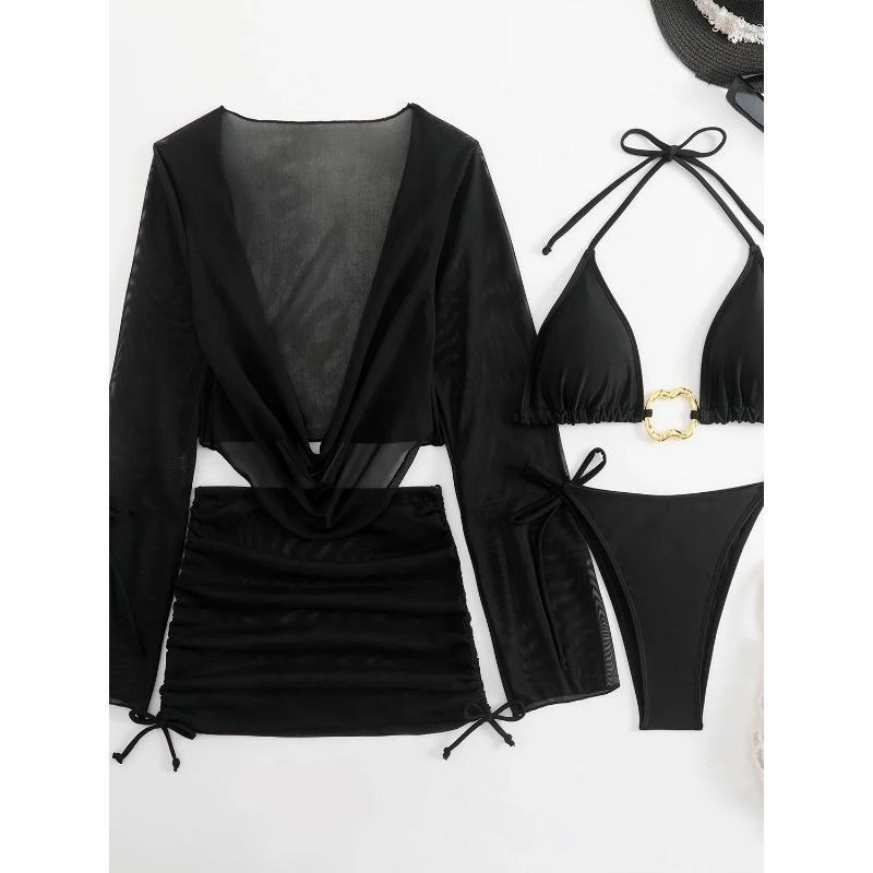 Sexy Weiß Schwarz 4-teilige Bikini-Sets Damen Langarm Mesh Cover-Up Rock Badeanzug Strand Badeanzug Urlaubsbademode Biquini