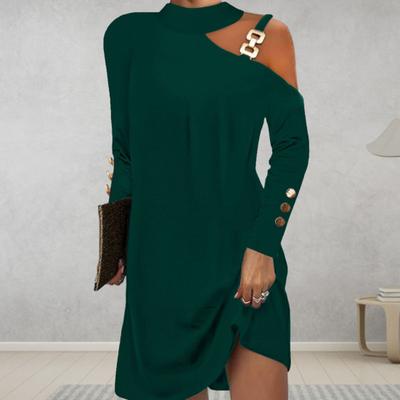 Women Dress Chain Decor One Shoulder Long Sleeve Solid Color Loose Halter Neck Soft Breathable Above Knee Length Mini Dress