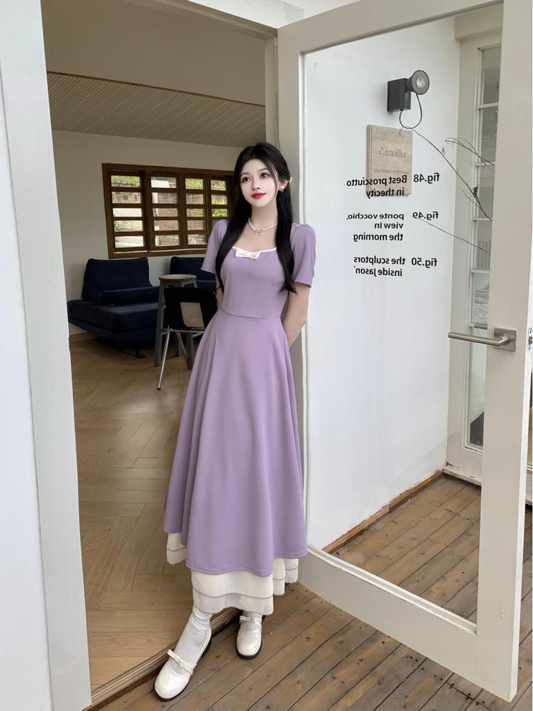Plus Size Square Neck Elegant Tea Dress, Waist-Cinched, Summer Slimming Long Skirt
