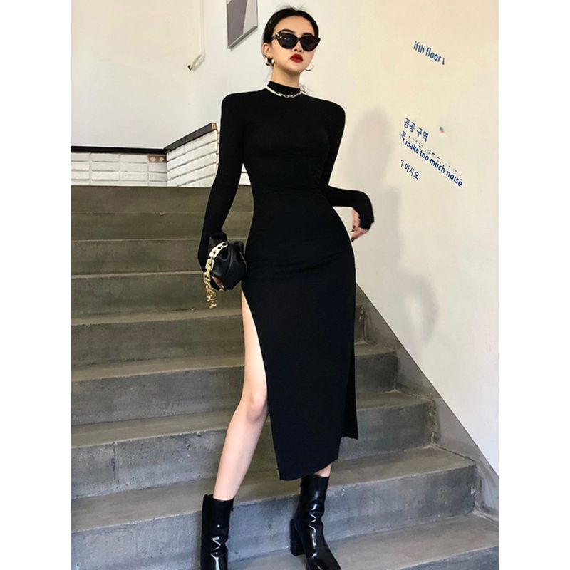 

Европейская и американская сексуальная облегающая юбка-основа с длинными рукавами и полувысоким воротником Black S