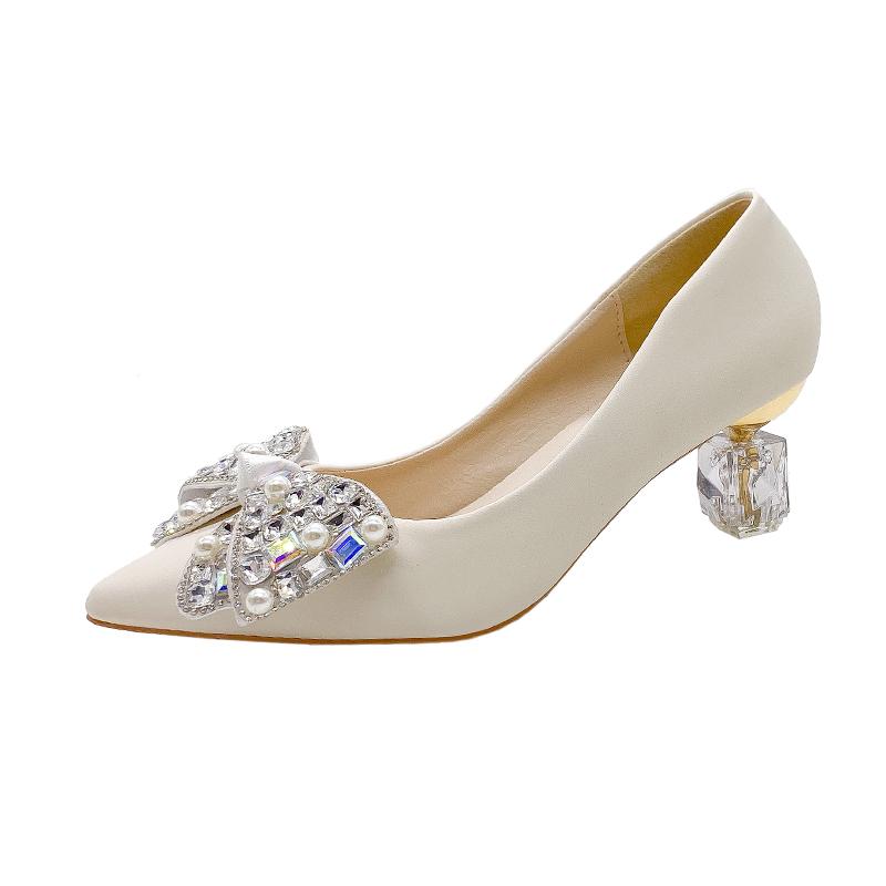 Dámské boty na tenkém podpatku, podzimní novinka, špičatá špička, mělký výstřih, s mašlí s kamínky, protiskluzové boty s nízkým svrškem